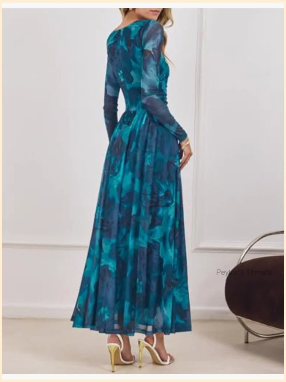 Long Sleeve Maxi Dress with Floral Print, Crewneck, Ruched Waist, Mesh - Picture 5 of 7